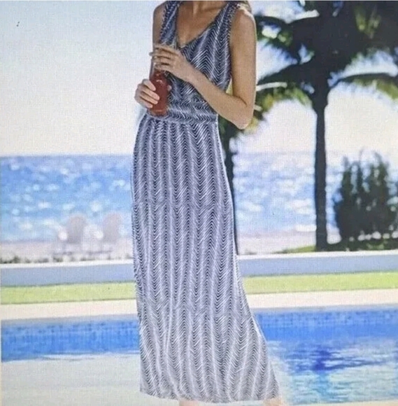 Talbots Womens Maxi Dress Chevron Stripe Stretch Navy Blue Cream Plus Size 1X - Picture 2 of 7